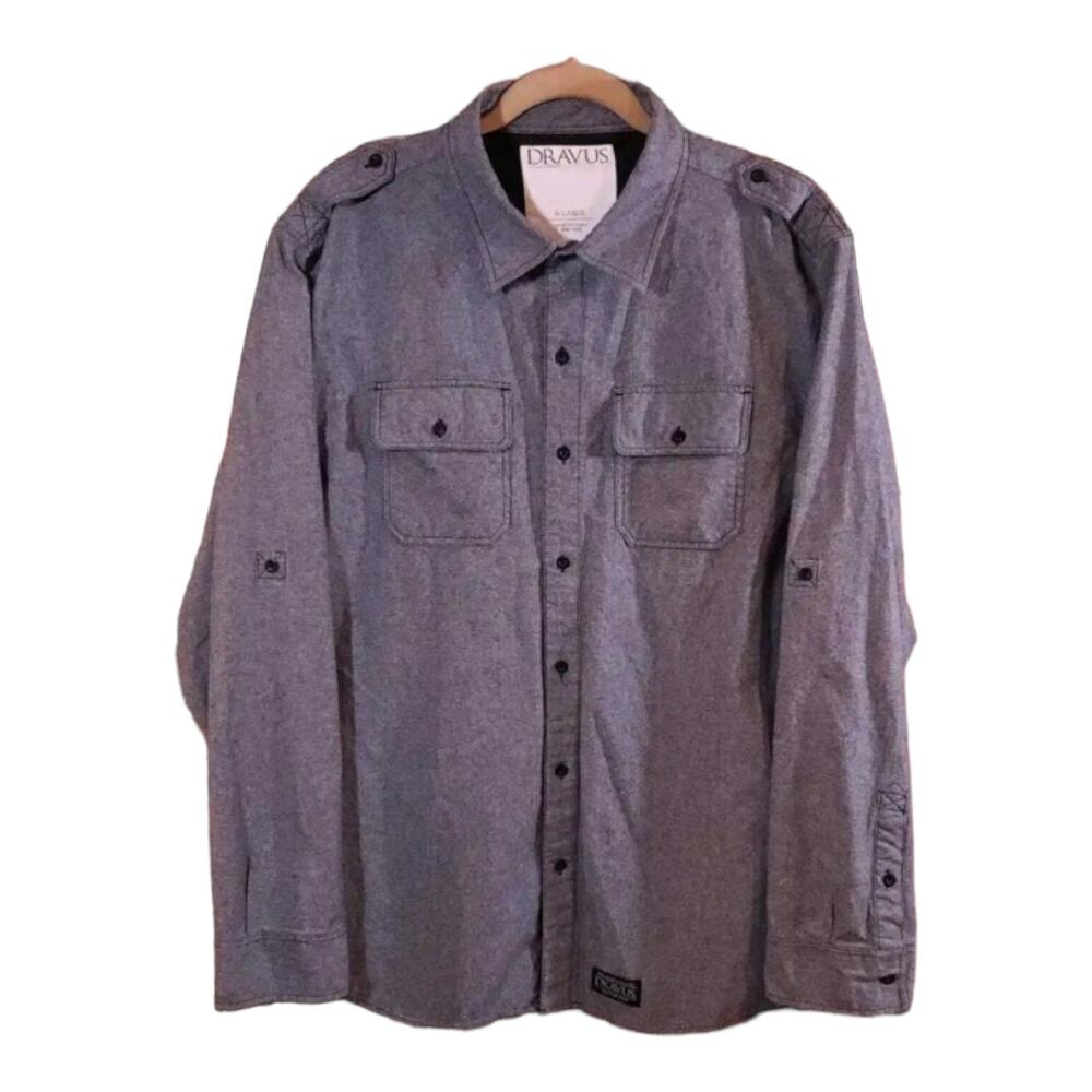 Dravus Heathered Black Long Sleeve Button-front Shirt Military Casual Men's XL